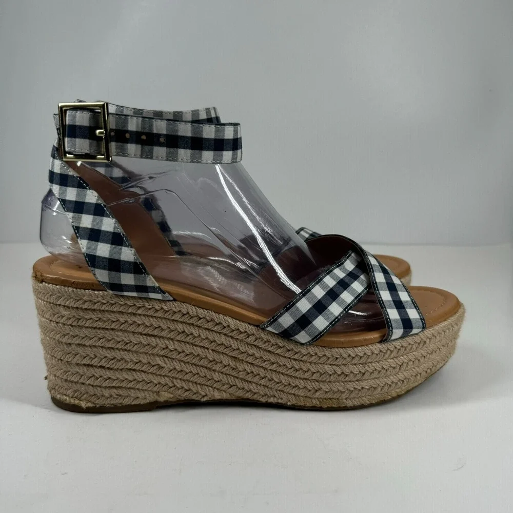 J.Crew Women's US 8.5 Navy Blue Gingham Flatform Espadrille Wedge Sandals L4669